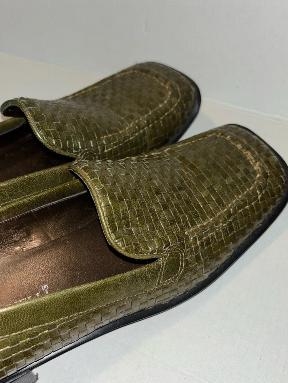 A. Marinelli Olive Woven Leather Loafers olive green Woman's Size 8 square toe